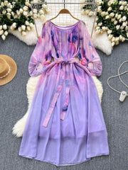 Round Neck Lantern Sleeves Gradient Dress MAX SIZE / Purple