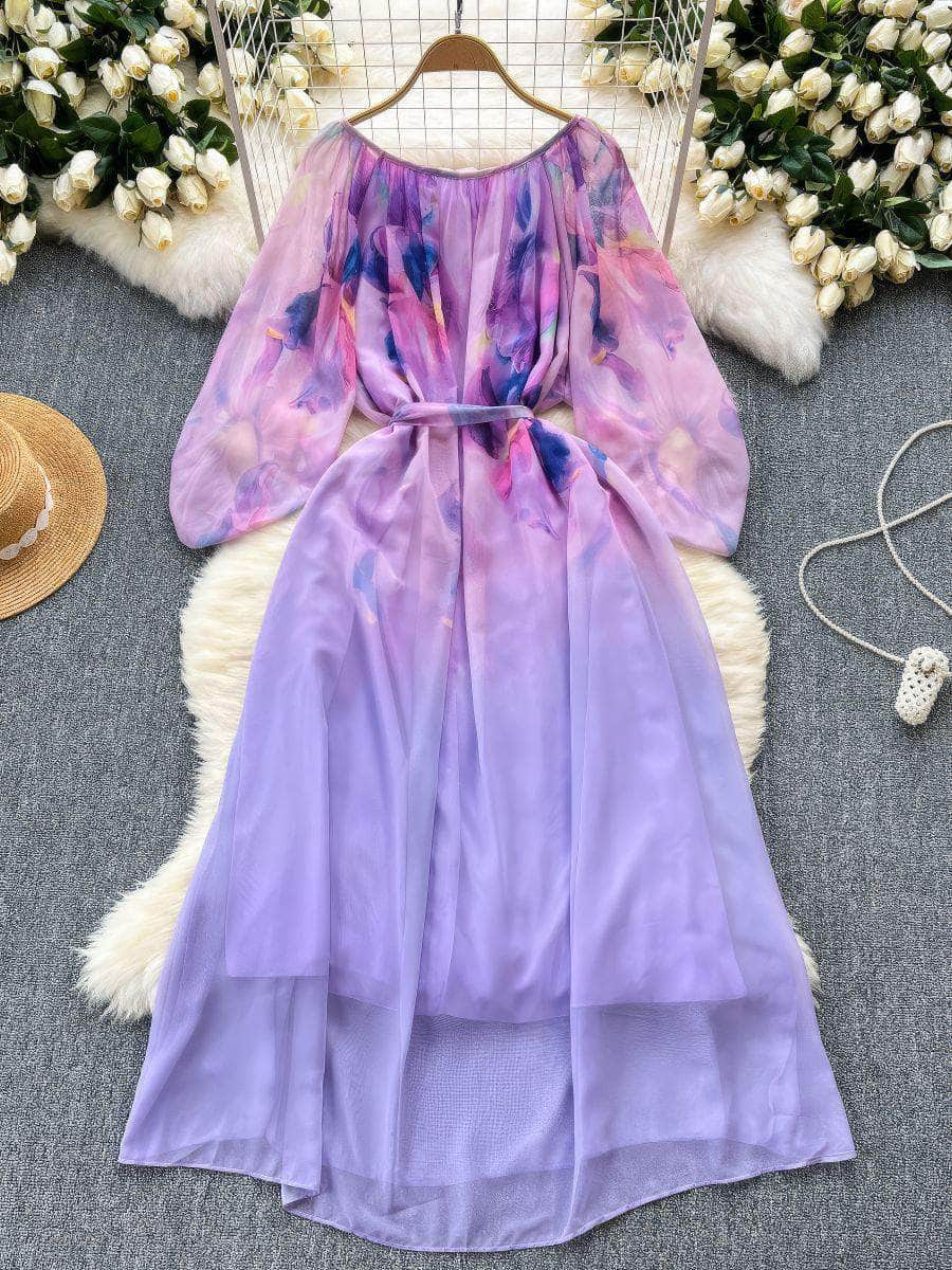 Round Neck Lantern Sleeves Gradient Dress MAX SIZE / Purple