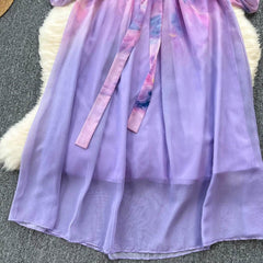 Round Neck Lantern Sleeves Gradient Dress MAX SIZE / Purple