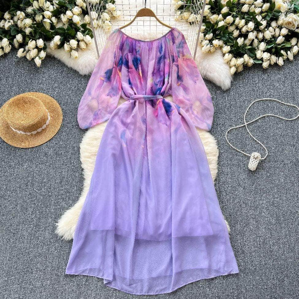 Round Neck Lantern Sleeves Gradient Dress MAX SIZE / Purple