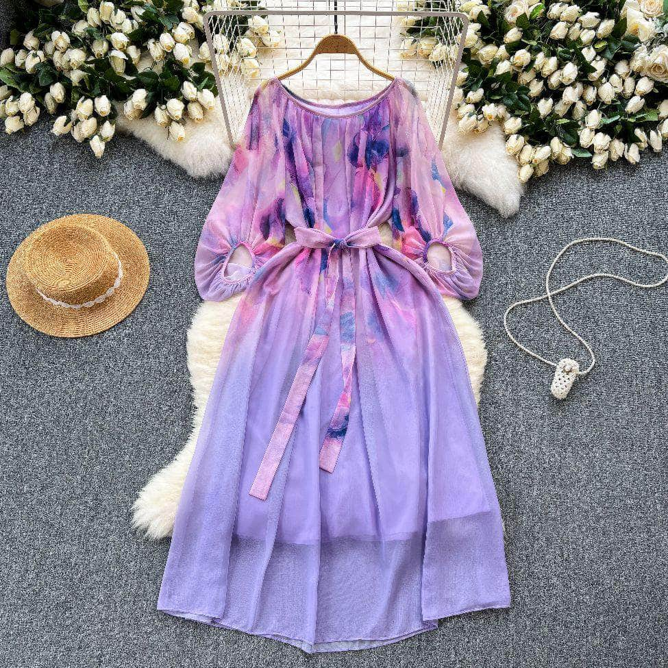 Round Neck Lantern Sleeves Gradient Dress MAX SIZE / Purple