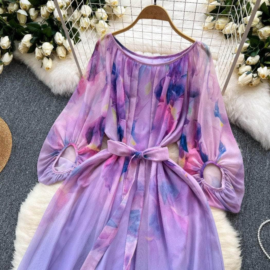 Round Neck Lantern Sleeves Gradient Dress MAX SIZE / Purple