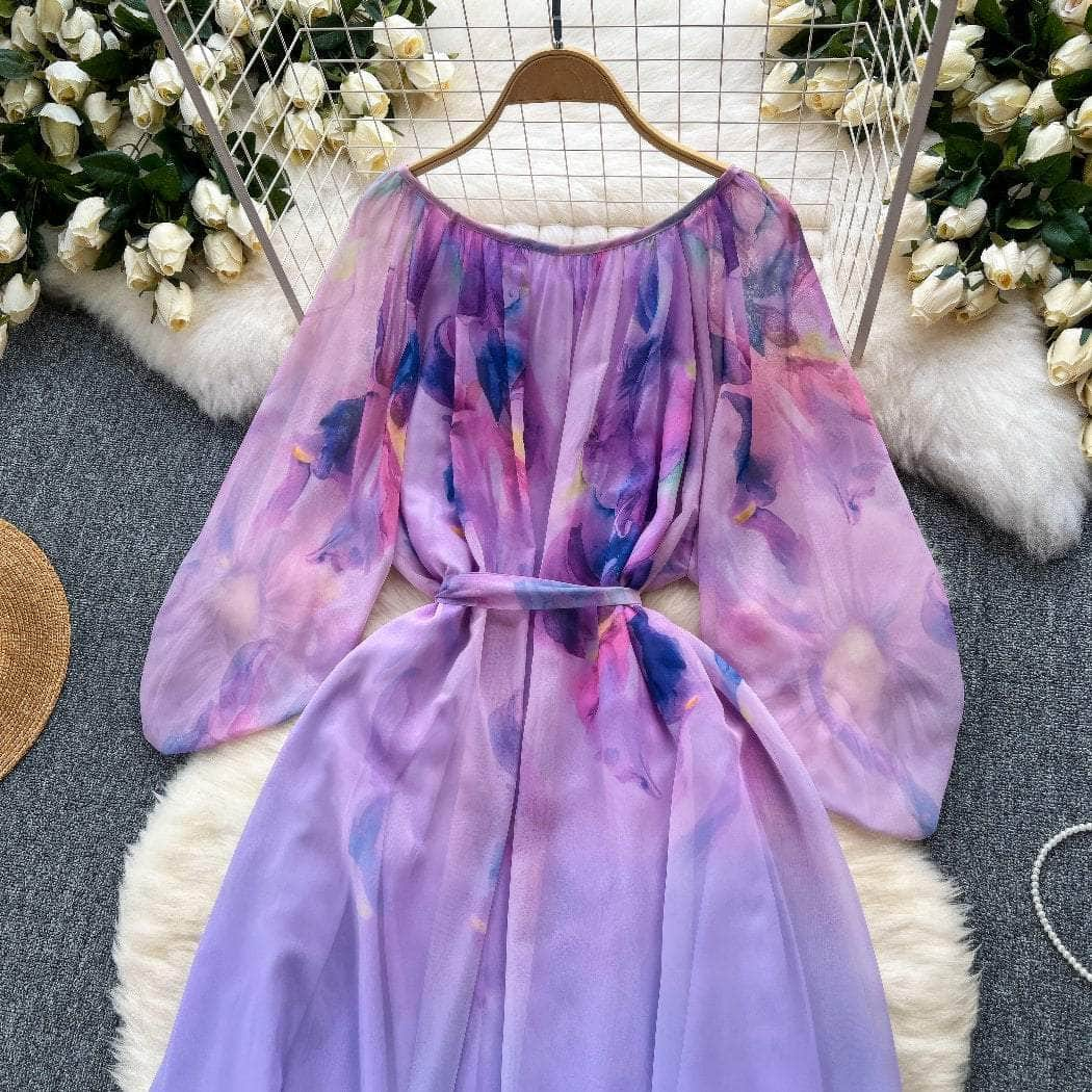 Round Neck Lantern Sleeves Gradient Dress MAX SIZE / Purple