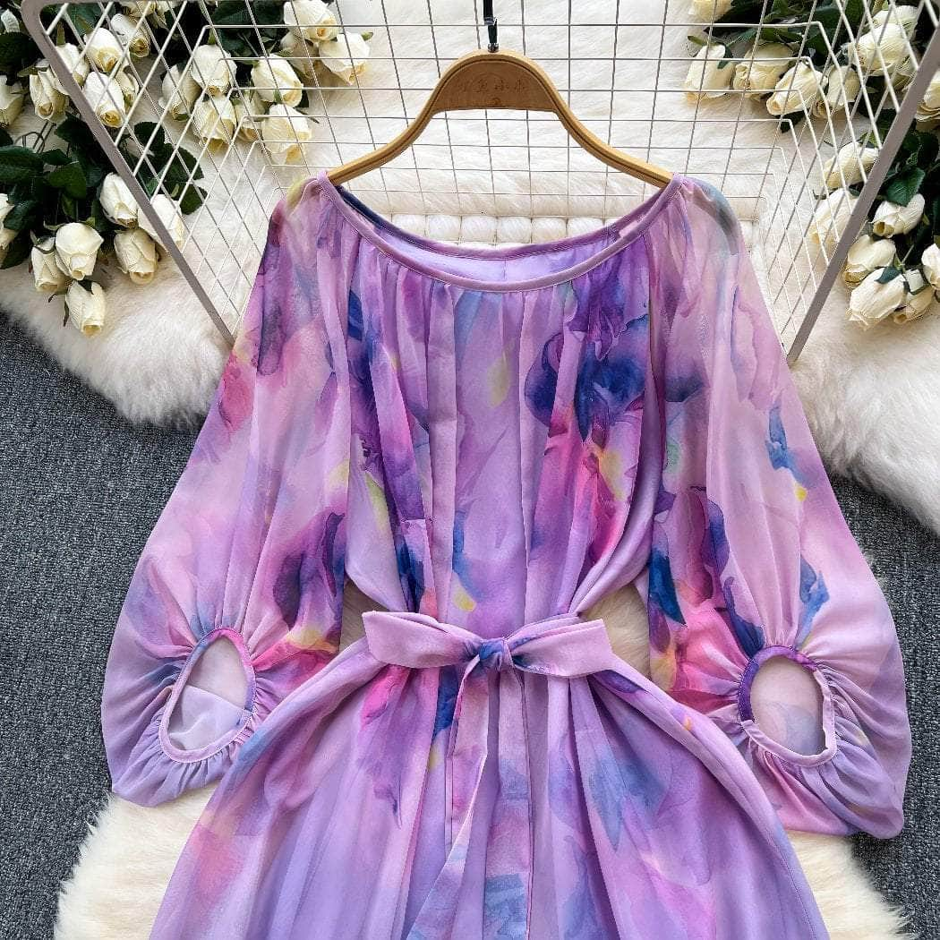 Round Neck Lantern Sleeves Gradient Dress MAX SIZE / Purple