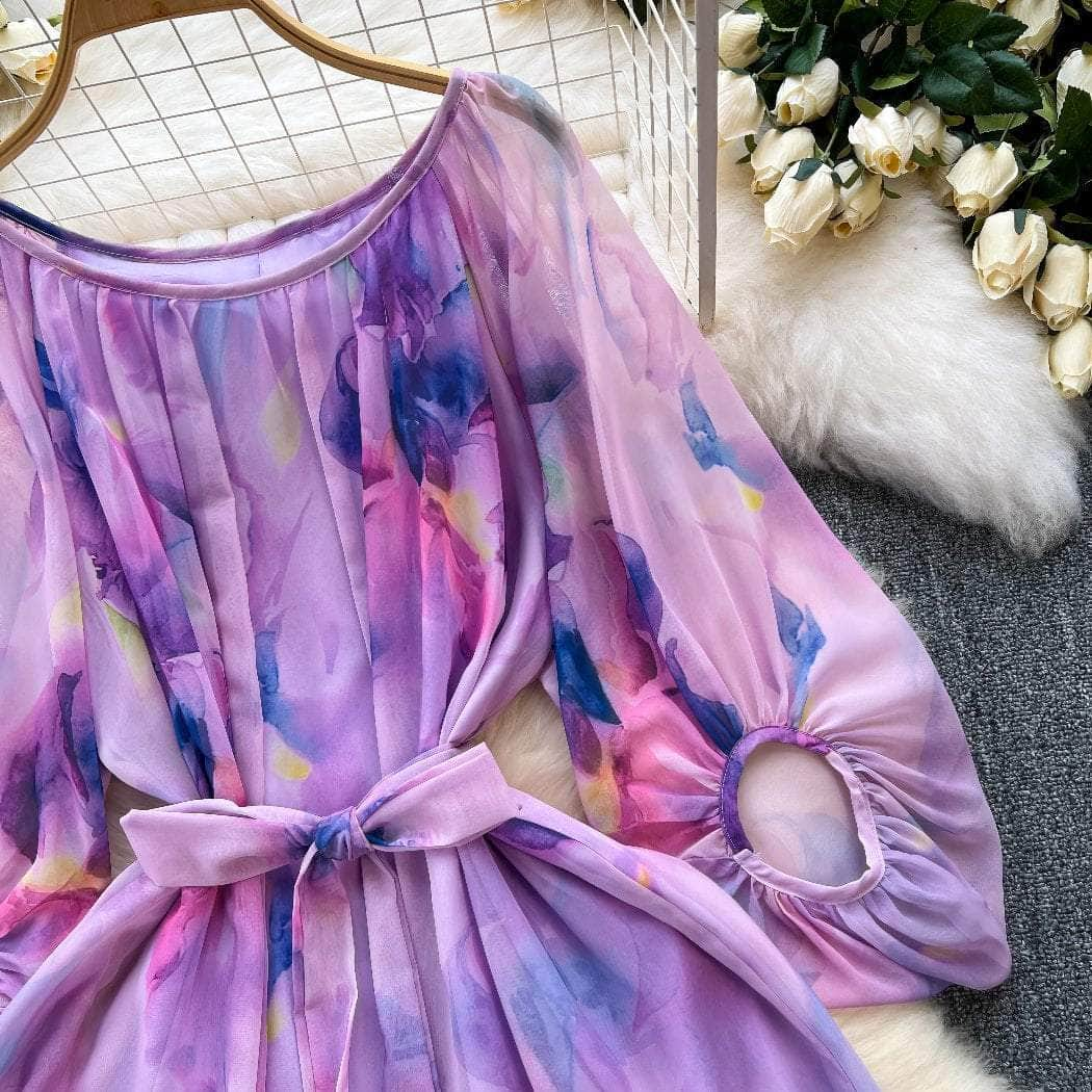 Round Neck Lantern Sleeves Gradient Dress MAX SIZE / Purple