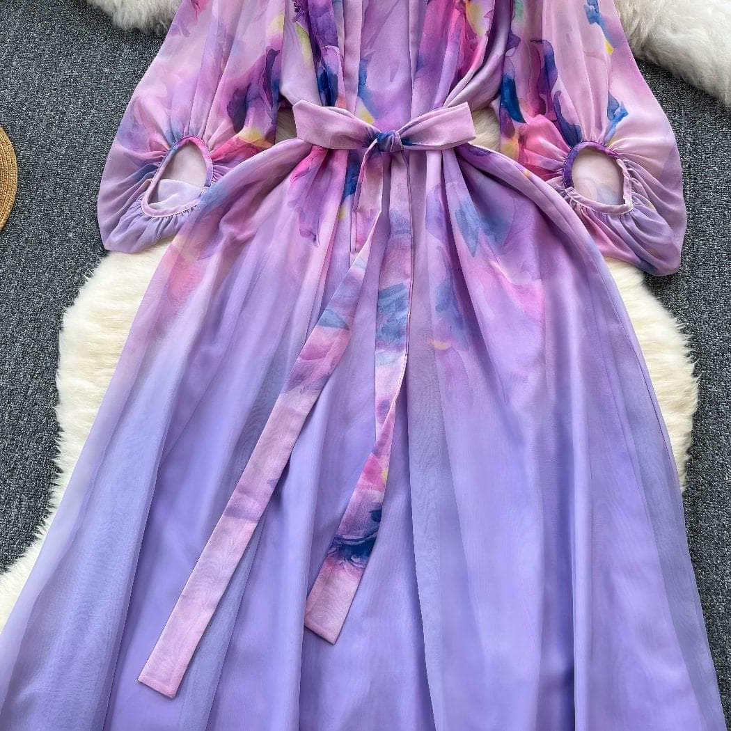 Round Neck Lantern Sleeves Gradient Dress MAX SIZE / Purple