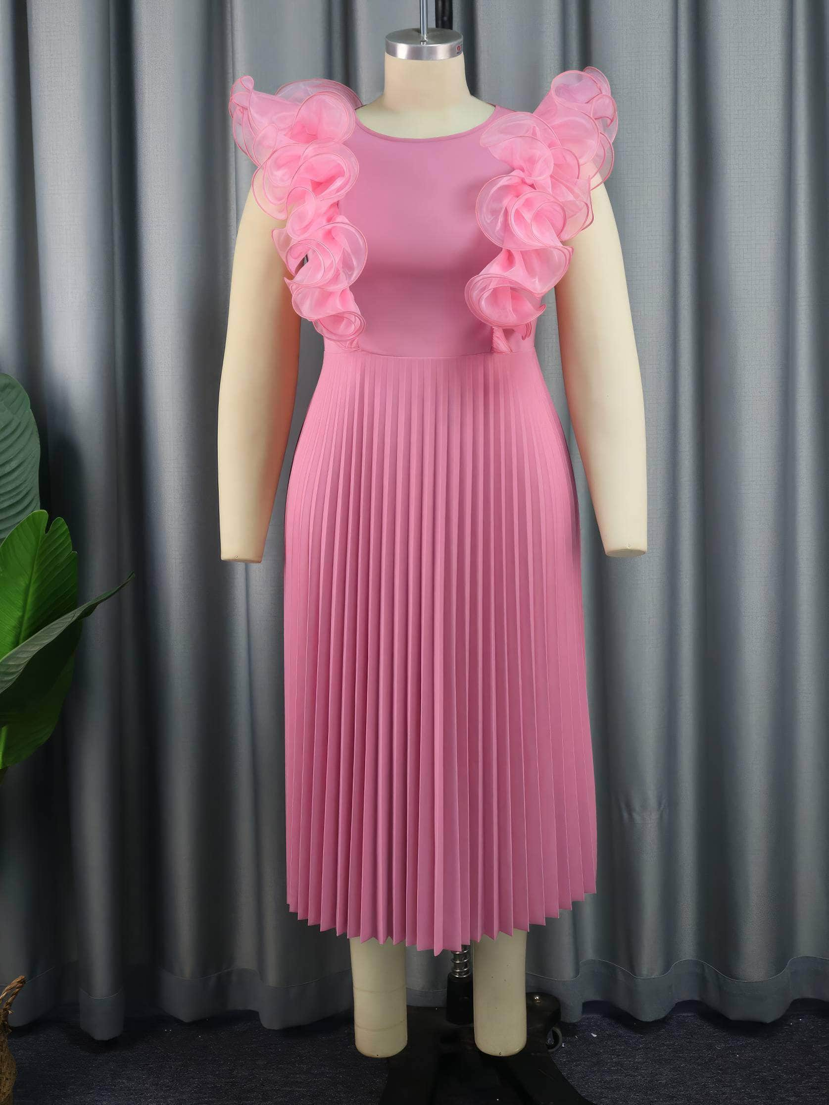 Round Neck Ruffled Sleeves Pleated Dress