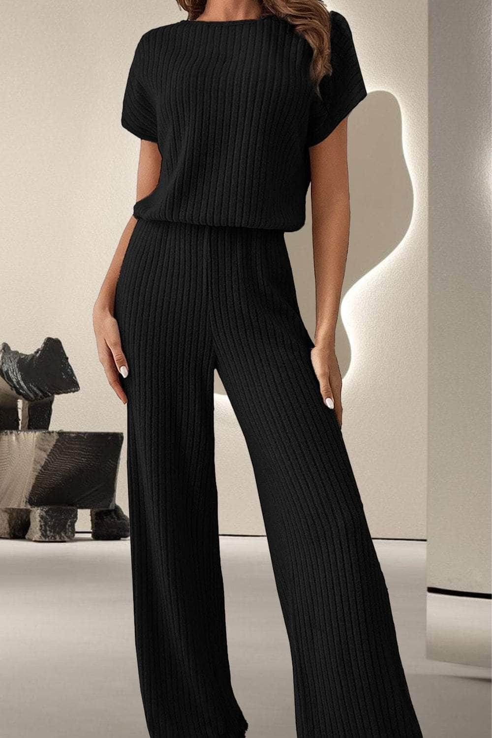 Round Neck Short Sleeve Jumpsuit Black / S