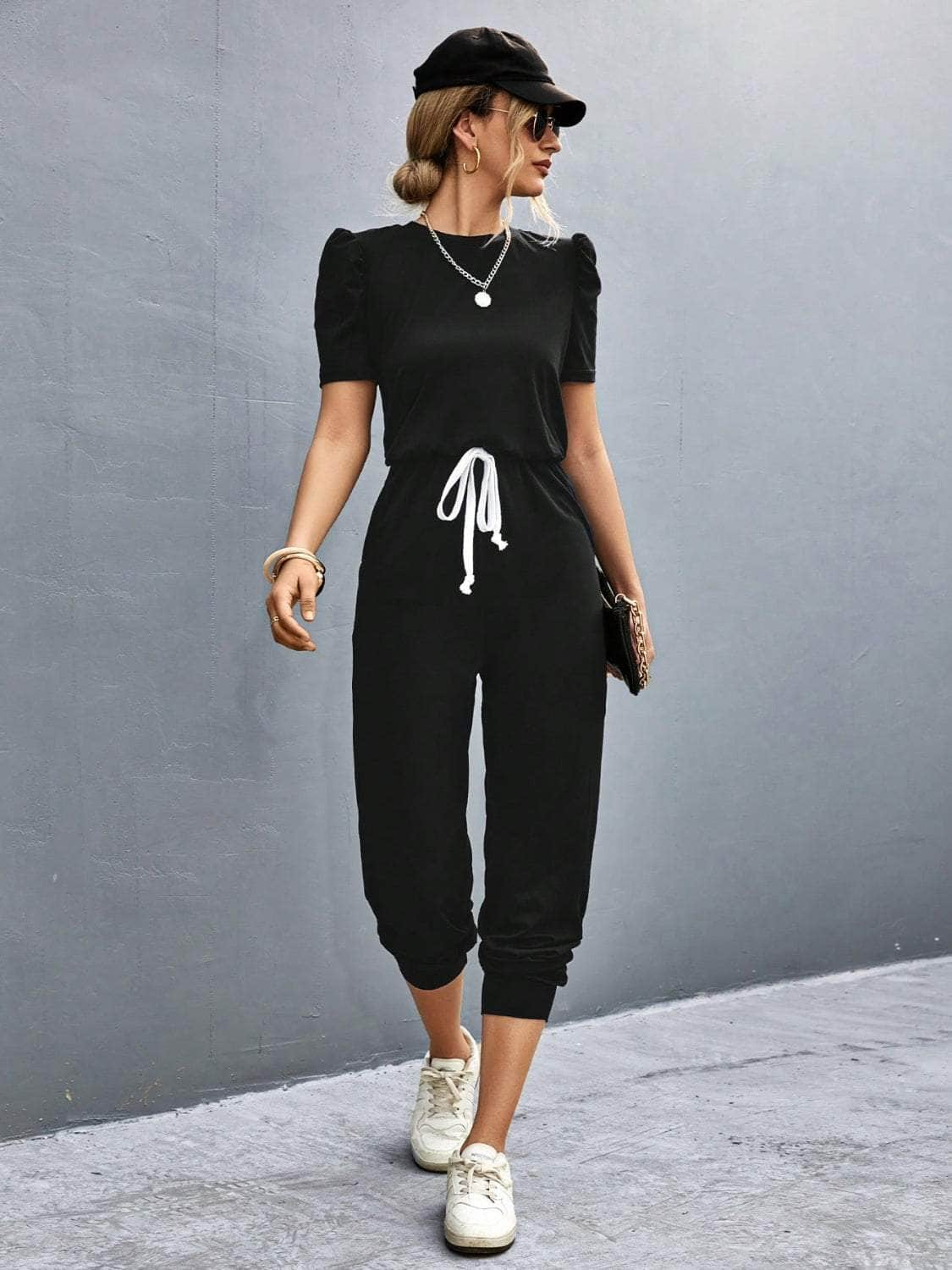 Round Neck Short Sleeve Jumpsuit Black / S