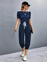 Round Neck Short Sleeve Jumpsuit Dark Blue / S