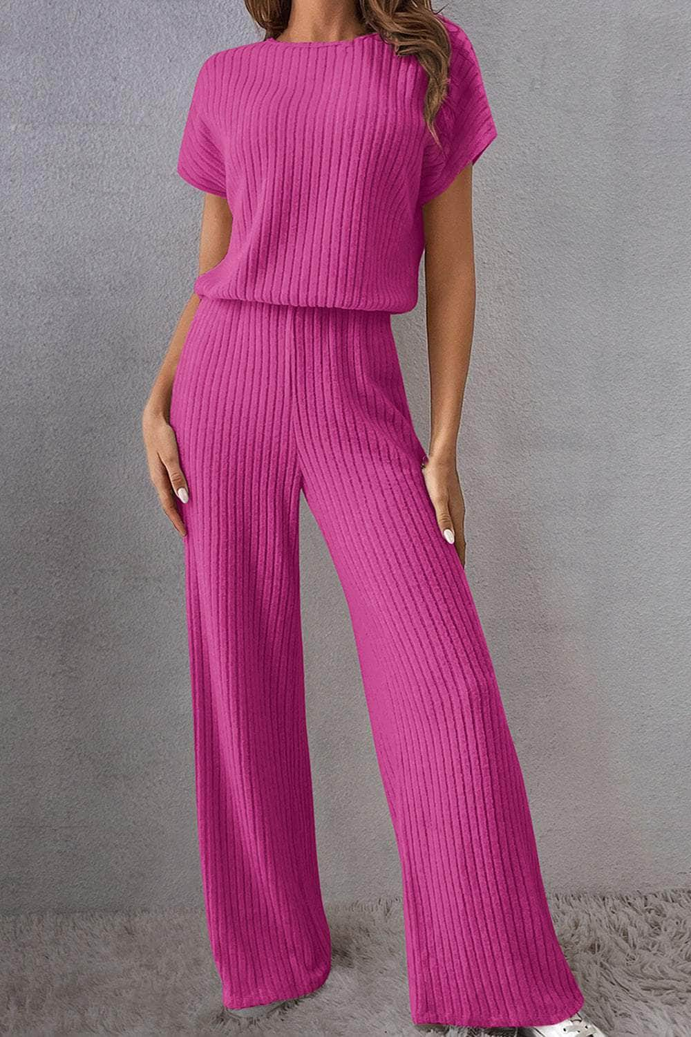 Round Neck Short Sleeve Jumpsuit Hot Pink / S