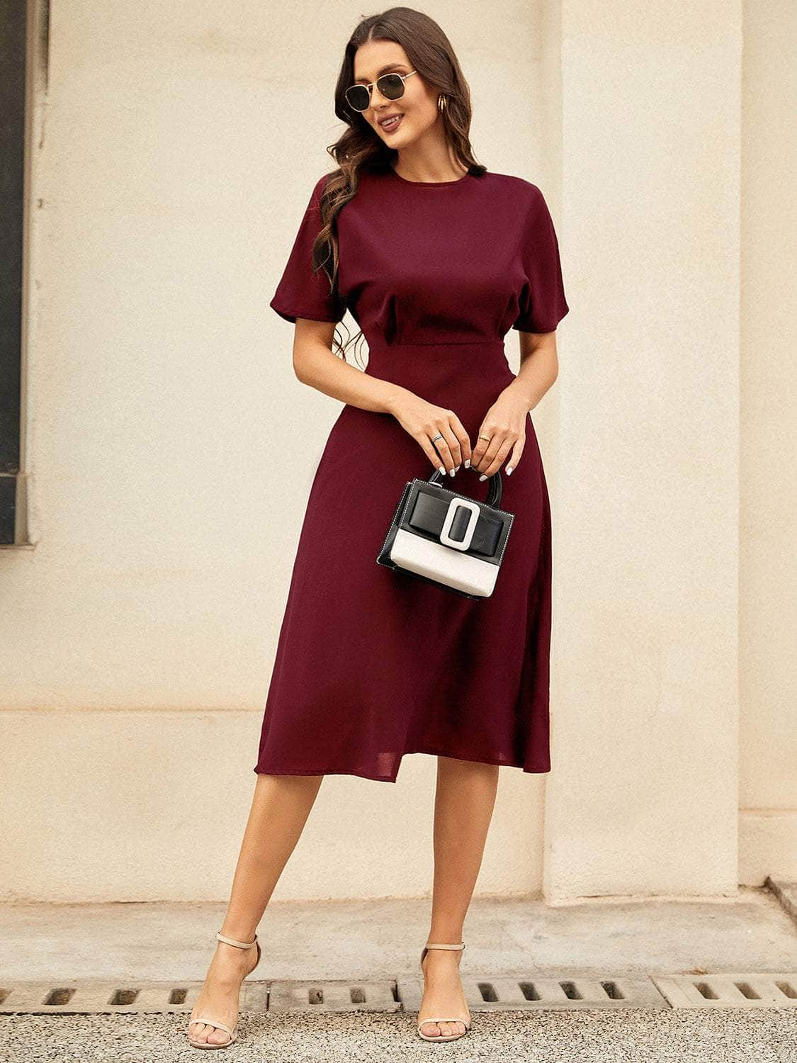 Round Neck Short Sleeve Midi Dress Burgundy / S