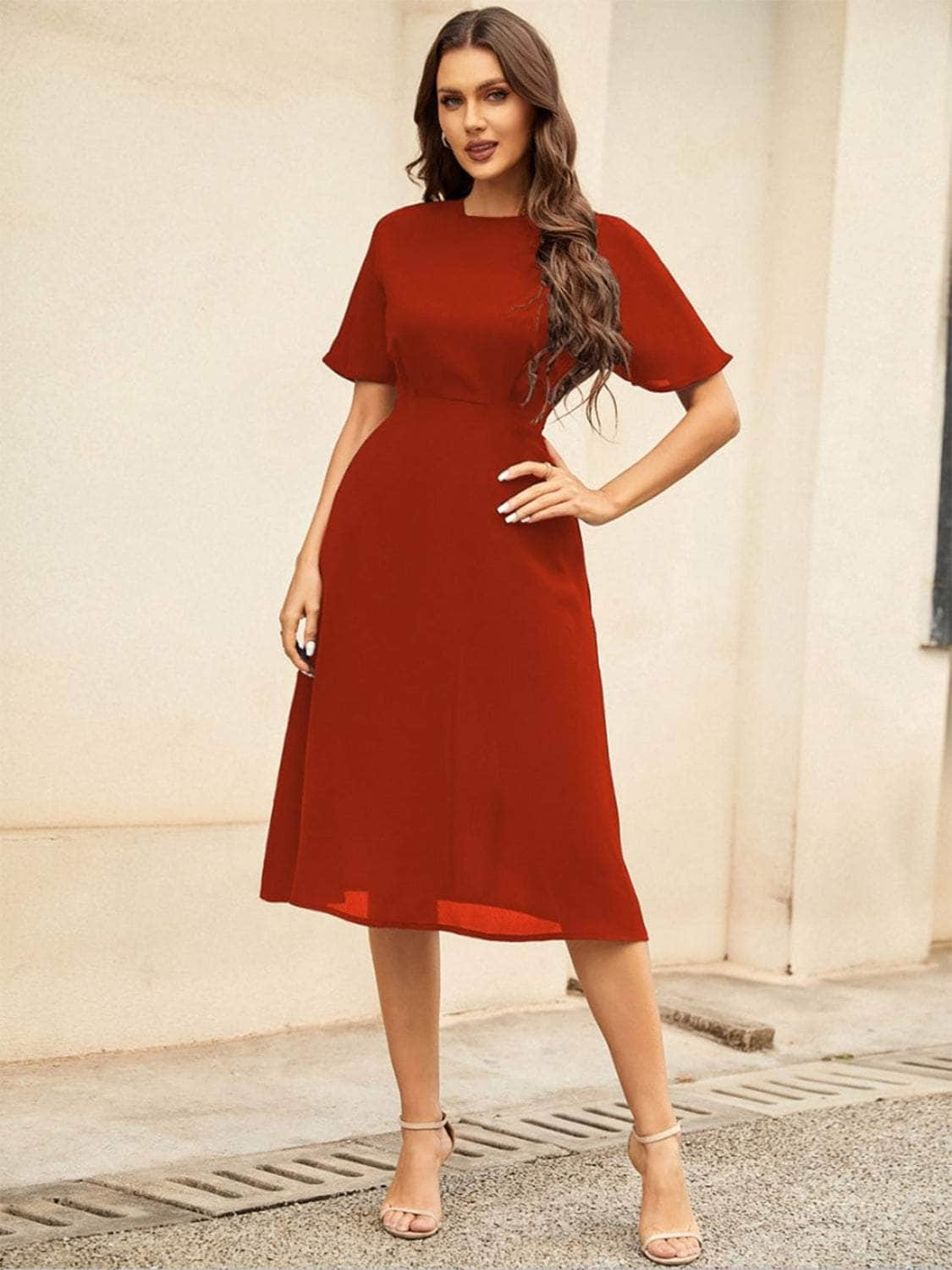 Round Neck Short Sleeve Midi Dress Deep Red / S