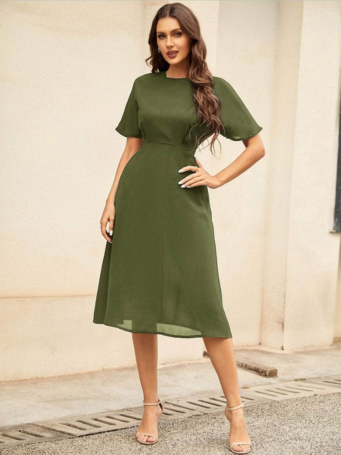 Round Neck Short Sleeve Midi Dress Matcha Green / S