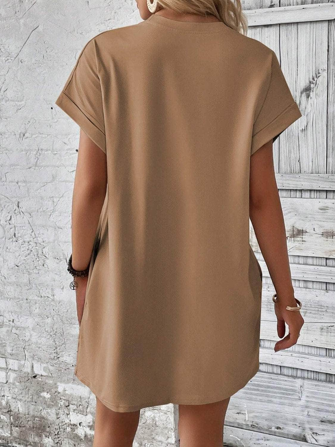 Round Neck Short Sleeve Mini Dress Camel / S