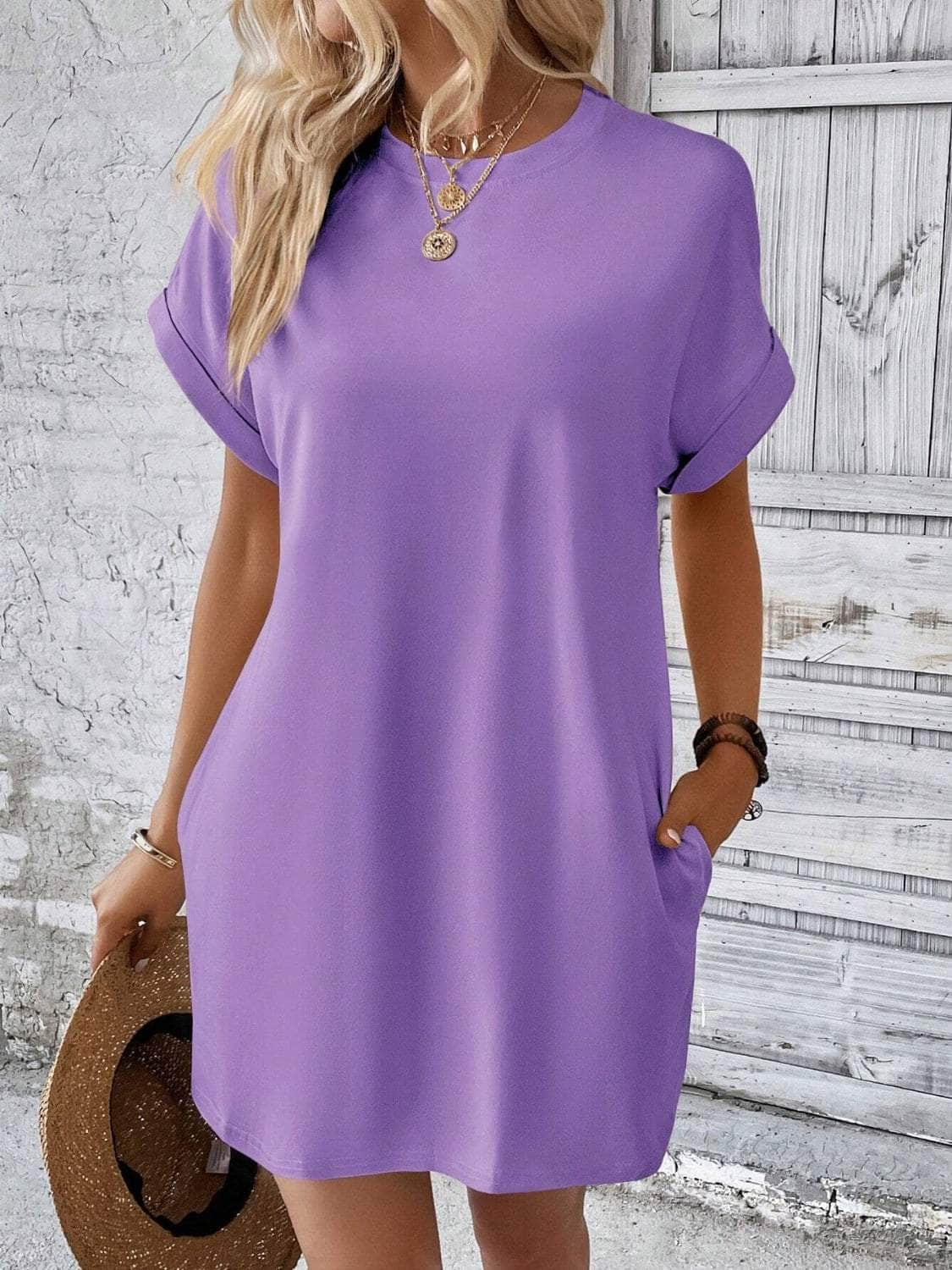 Round Neck Short Sleeve Mini Dress Lavender / S