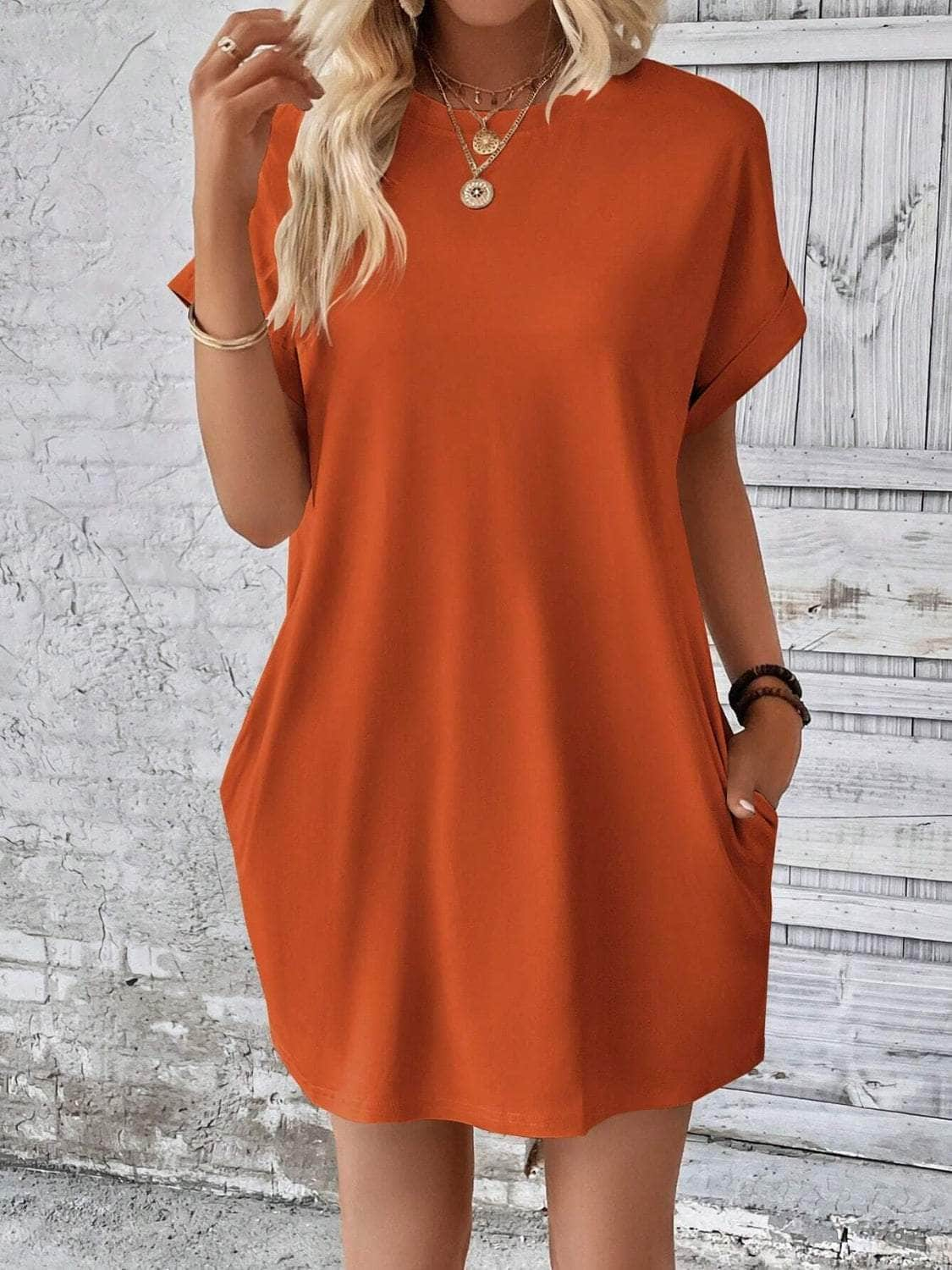 Round Neck Short Sleeve Mini Dress Orange / S