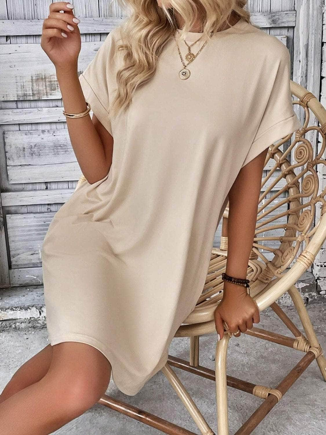 Round Neck Short Sleeve Mini Dress Tan / S