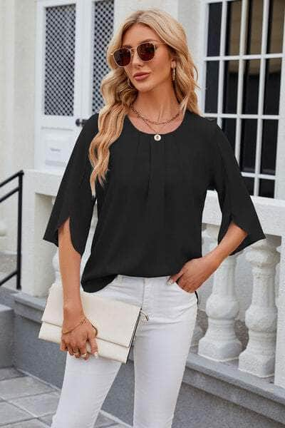 Round Neck Slit Half Sleeve Top Black / S