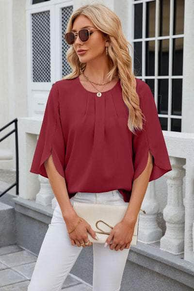 Round Neck Slit Half Sleeve Top Deep Red / S