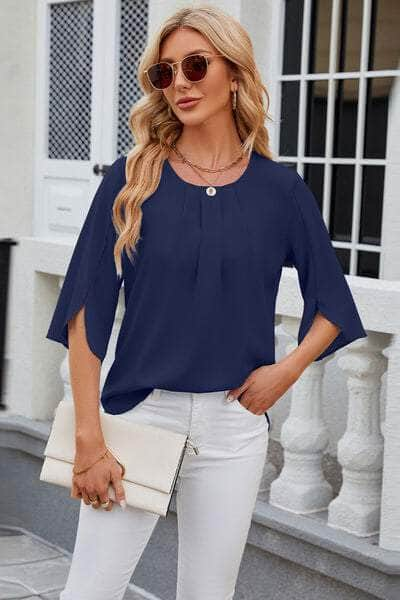 Round Neck Slit Half Sleeve Top Navy / S