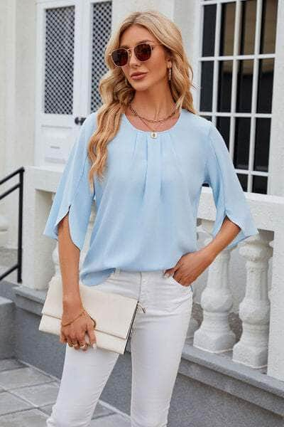 Round Neck Slit Half Sleeve Top Pastel  Blue / S