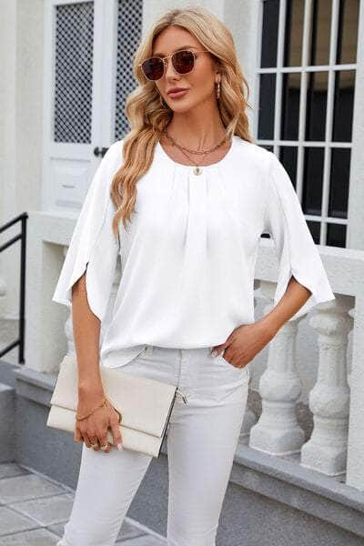 Round Neck Slit Half Sleeve Top White / S