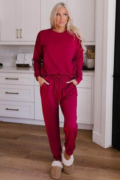 Round Neck Top and Drawstring Pants Lounge Set Deep Rose / S