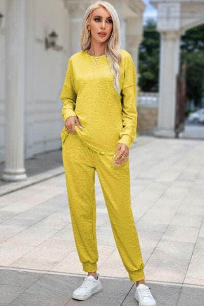 Round Neck Top and Drawstring Pants Lounge Set True Yellow / S