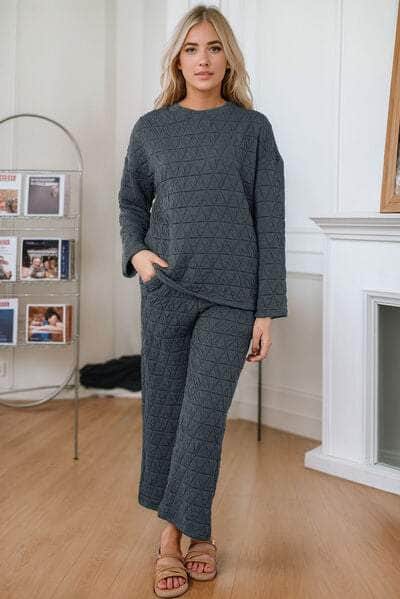 Round Neck Top and Pocketed Pants Lounge Set Black / S