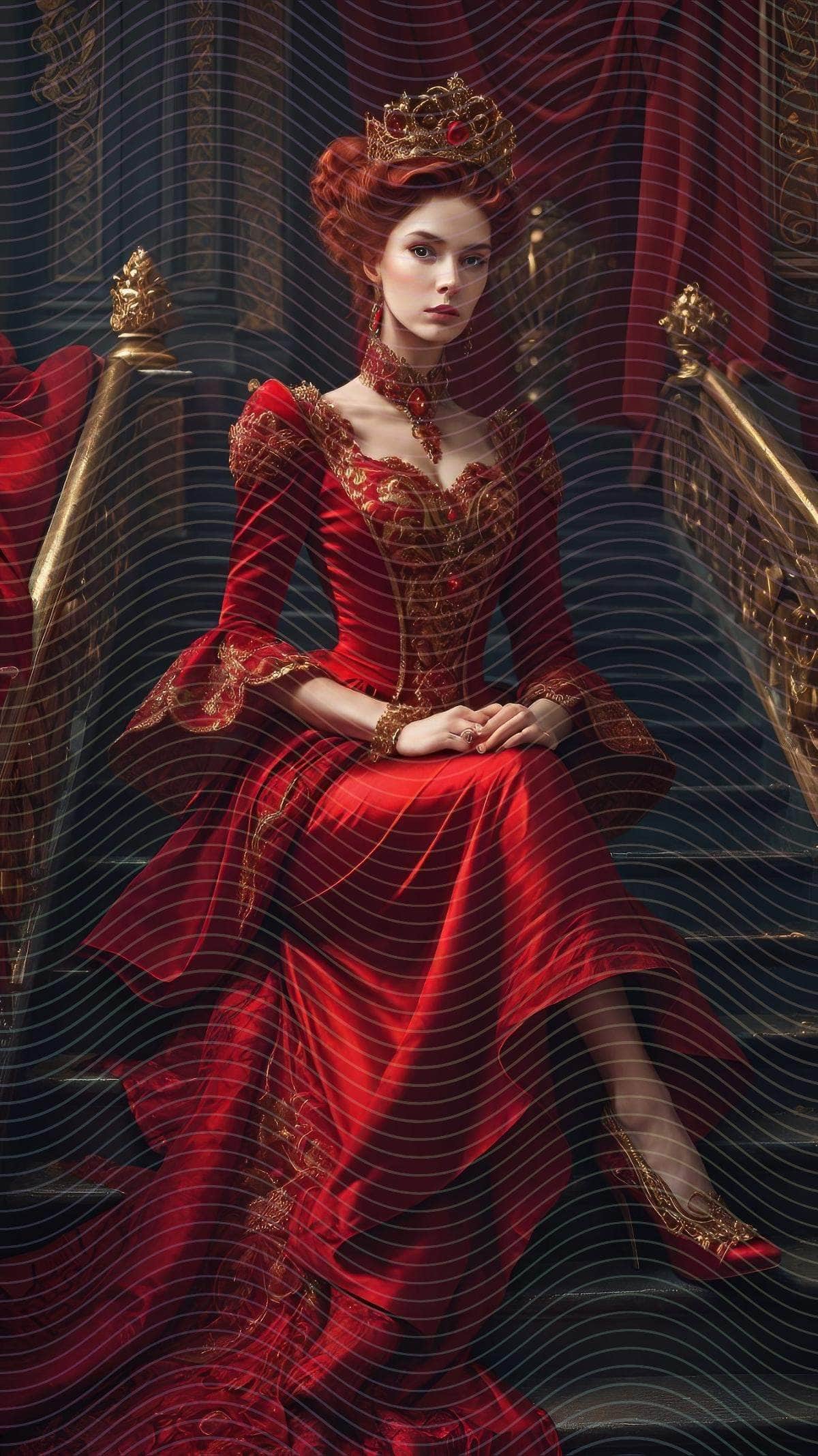 Royal Woman with Red Dress Sitting on A Set of Stairs