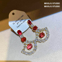 Ruby Crystal 925 Silver Dangle Earrings Red