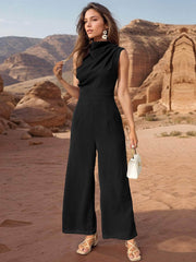 Ruched Mock Neck Sleeveless Jumpsuit Black / M