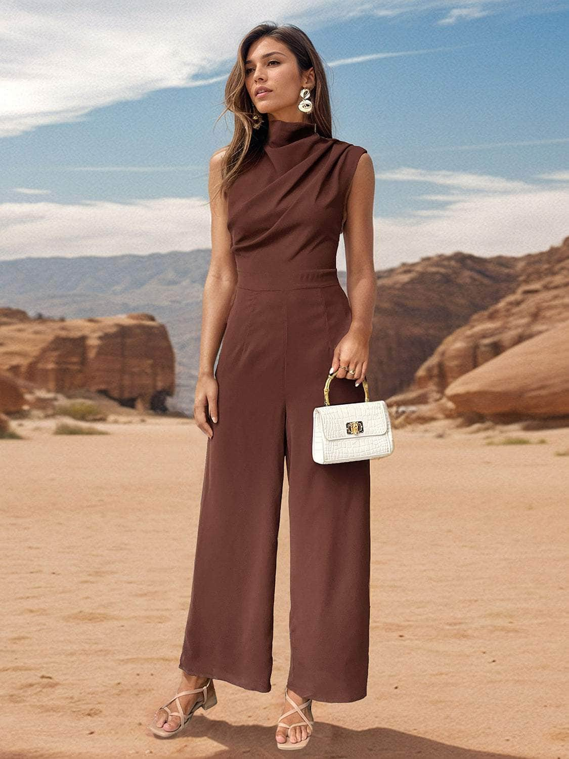 Ruched Mock Neck Sleeveless Jumpsuit Chestnut / M