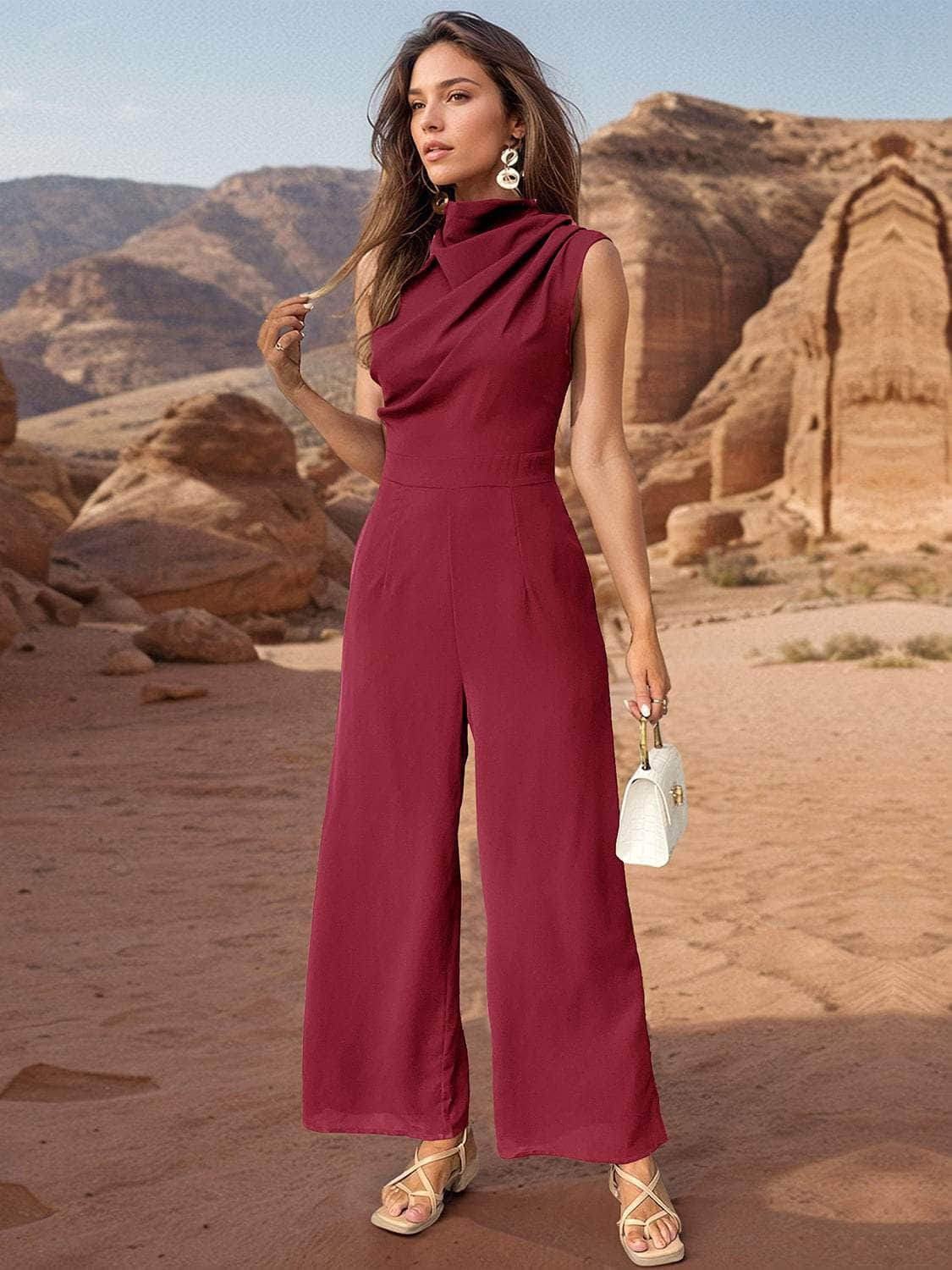 Ruched Mock Neck Sleeveless Jumpsuit Wine / M