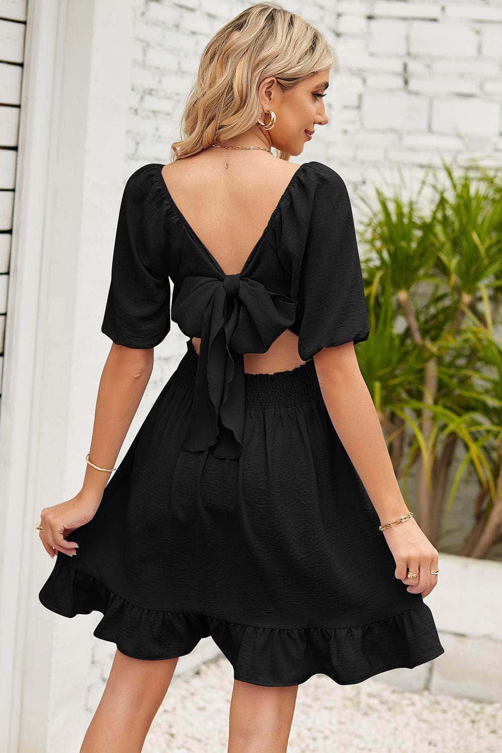 Ruched Ruffle Hem Short Sleeve Dress Black / S