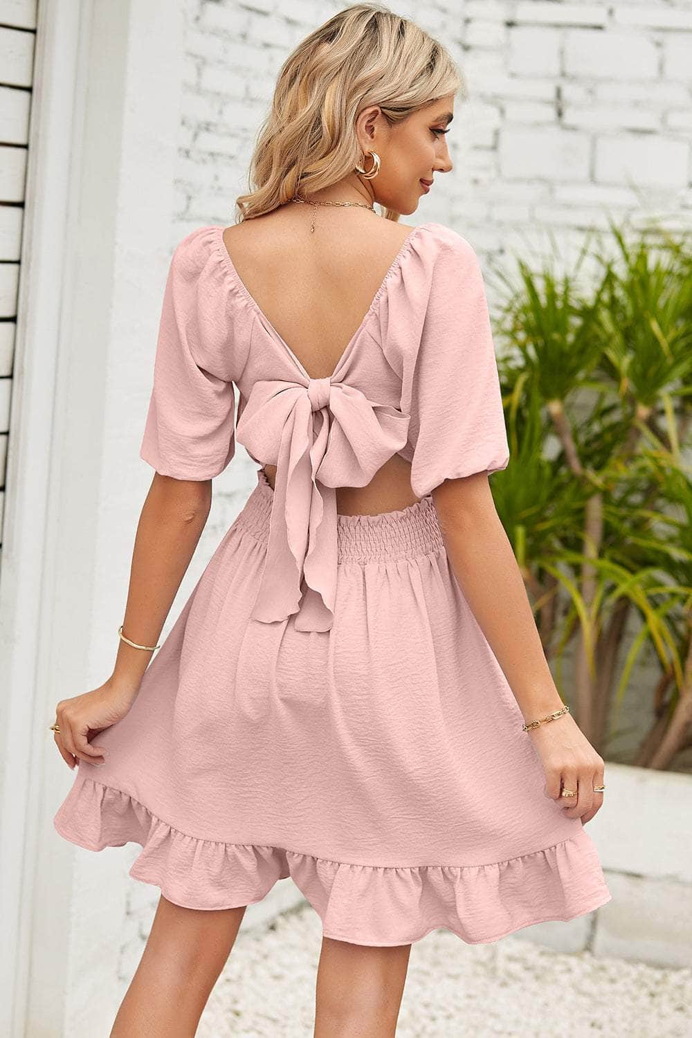 Ruched Ruffle Hem Short Sleeve Dress Blush Pink / S