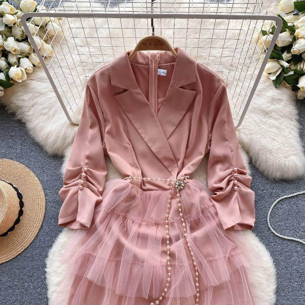 Ruched Sleeves Collared Blazer Mesh Dress