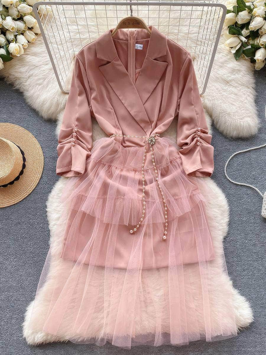 Ruched Sleeves Collared Blazer Mesh Dress S / Pink