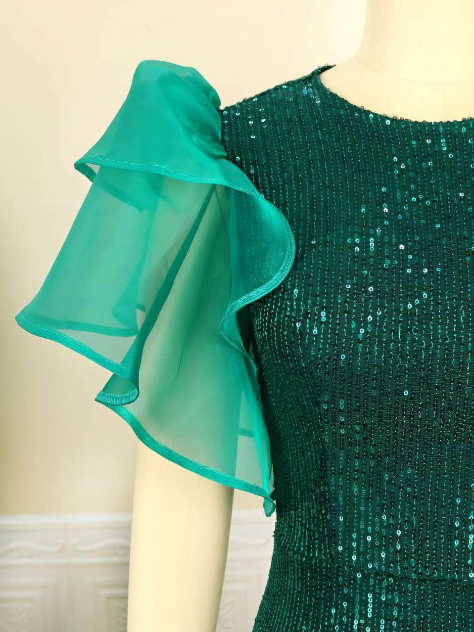 Ruffle Sleeve Sequin Mesh Bodycon Dress