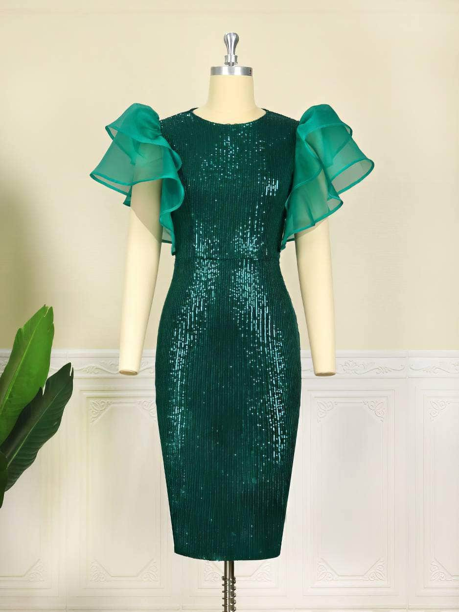 Ruffle Sleeve Sequin Mesh Bodycon Dress