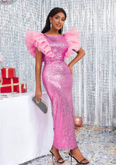 Ruffle Trim Butterfly Mesh Sleeves Sequin Dress US 4-6 / HotPink