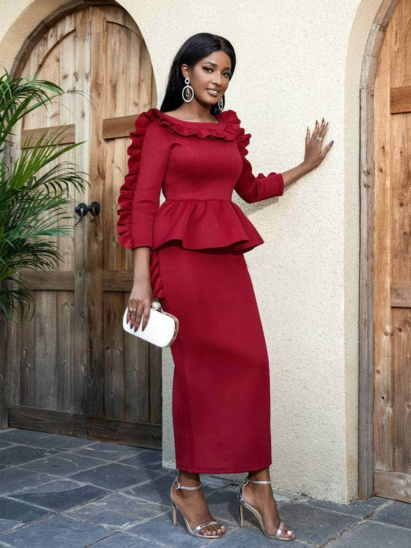 Ruffle Trim Peplum Midi Dress