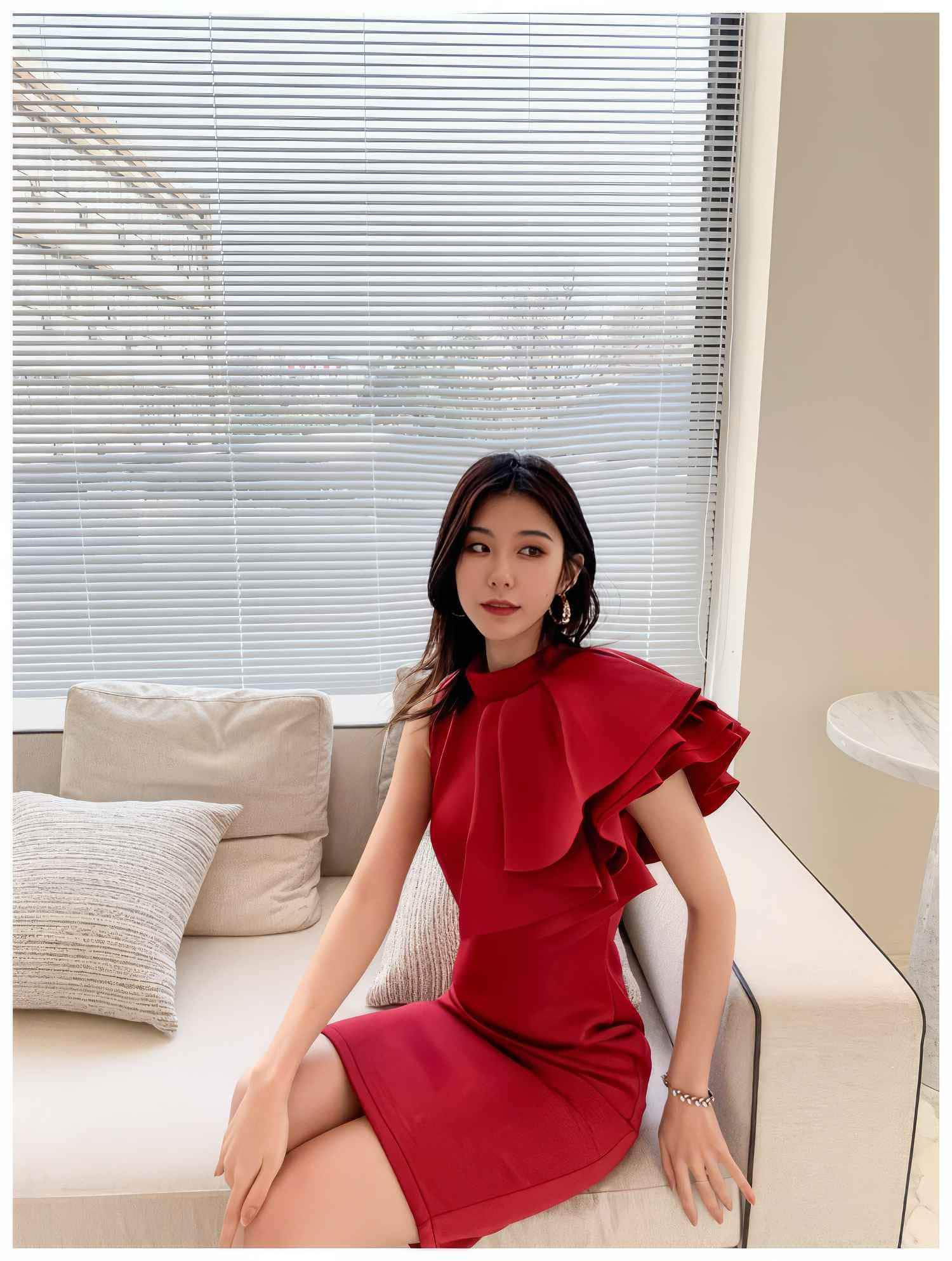 Ruffle Trimmed Shoulder Slit Hem Dress