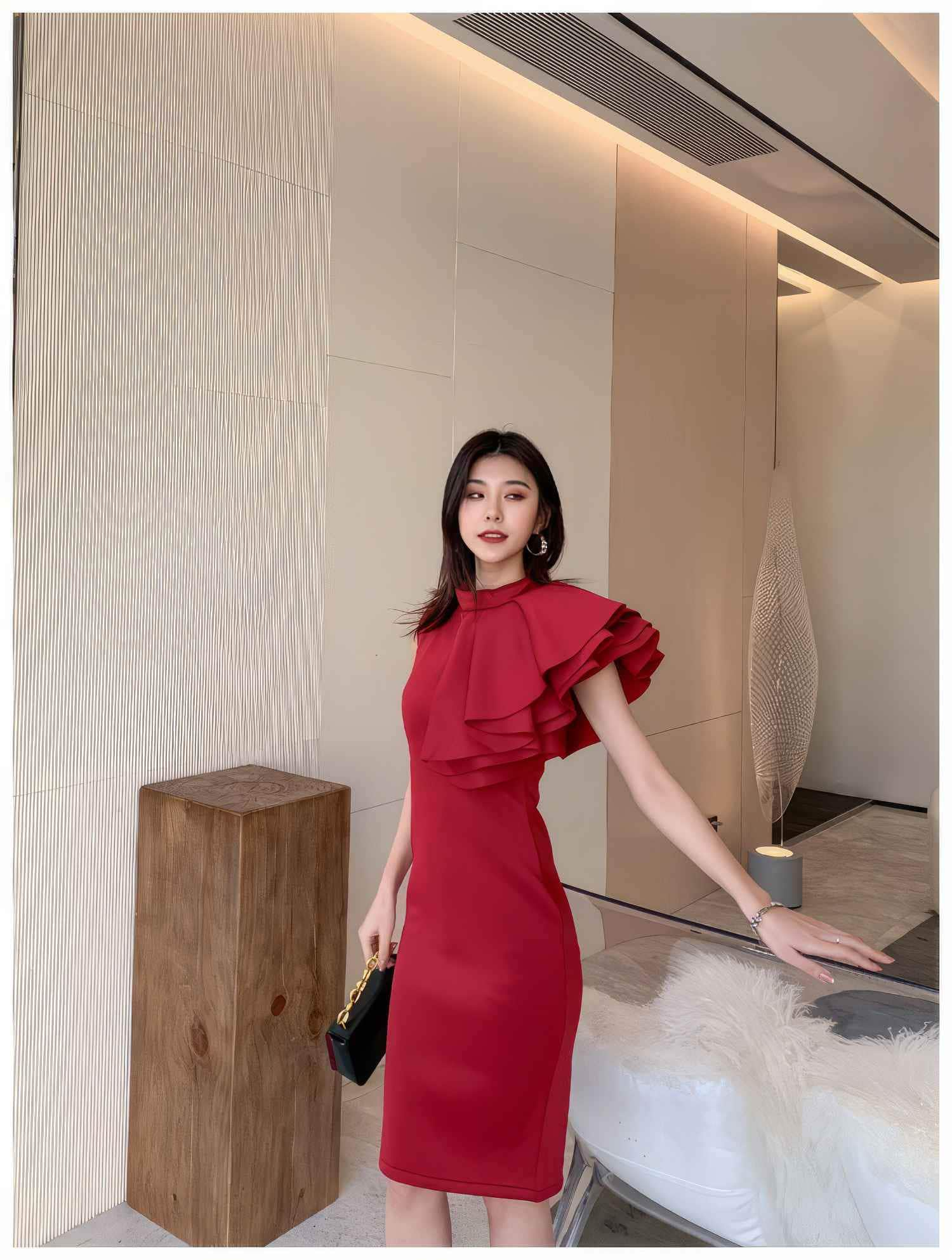 Ruffle Trimmed Shoulder Slit Hem Dress