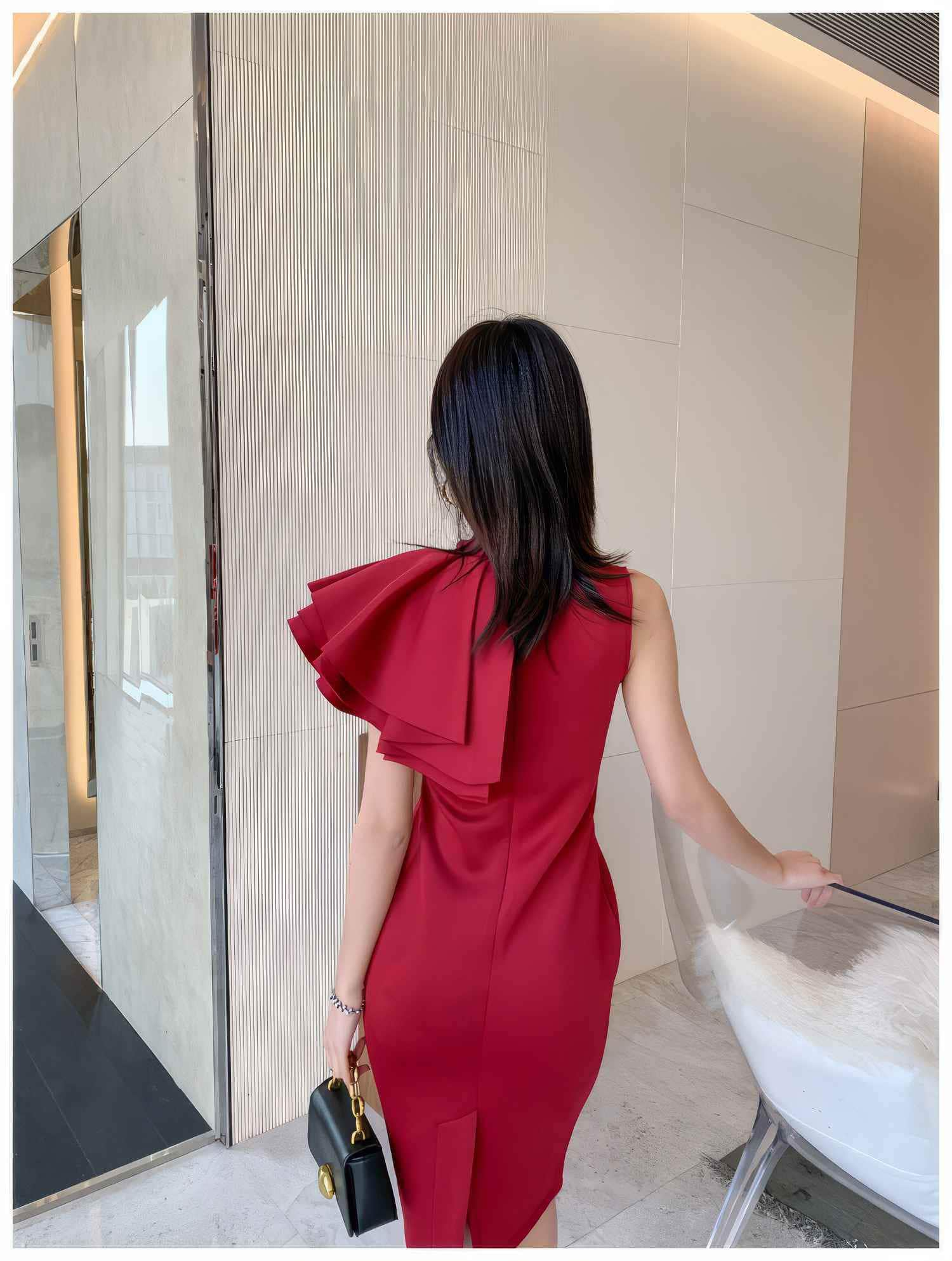 Ruffle Trimmed Shoulder Slit Hem Dress