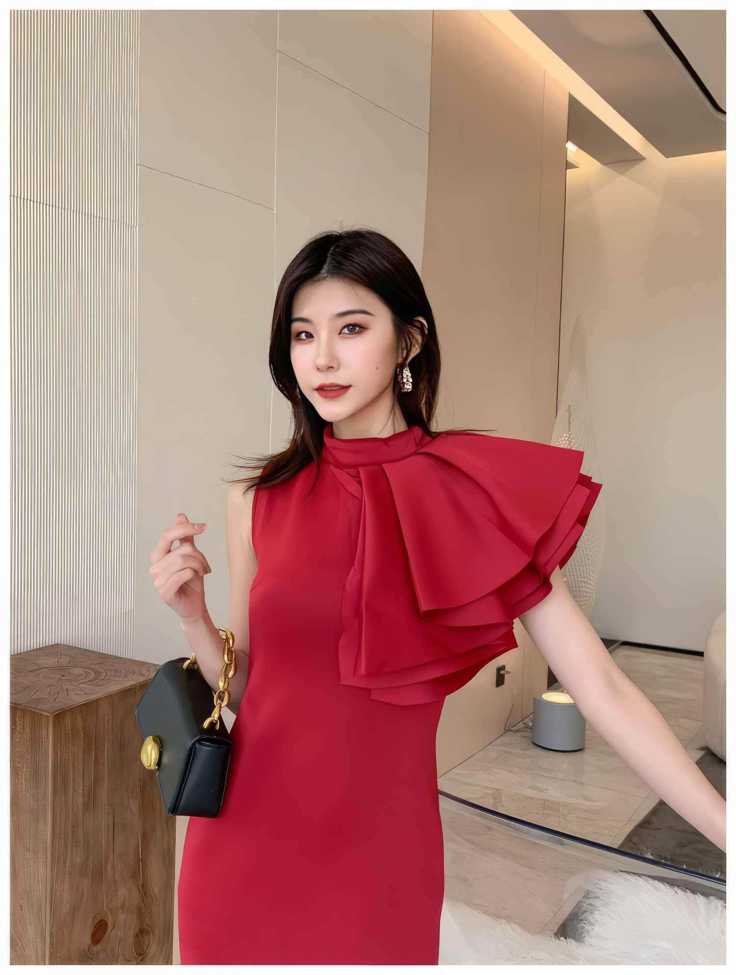 Ruffle Trimmed Shoulder Slit Hem Dress