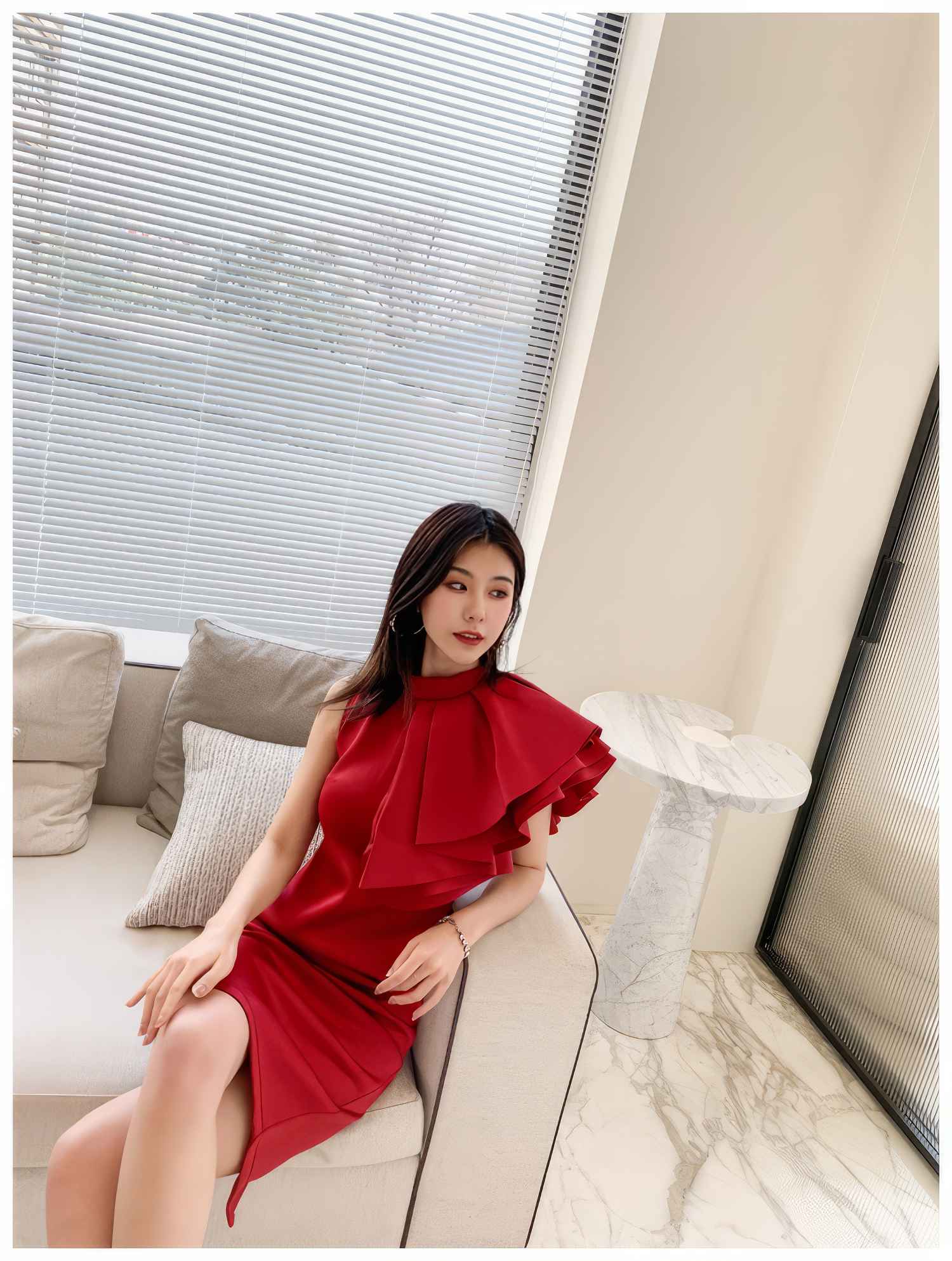 Ruffle Trimmed Shoulder Slit Hem Dress