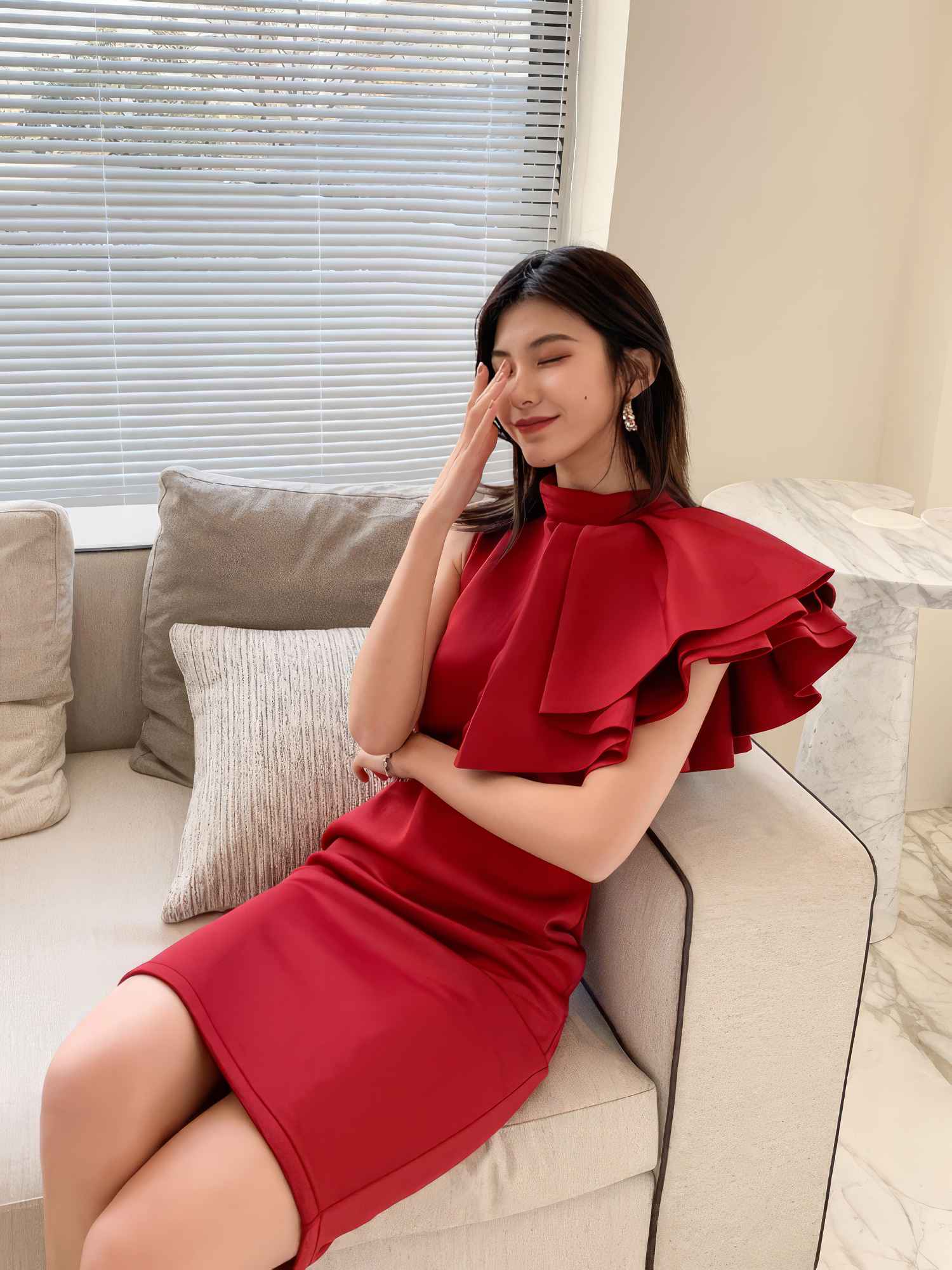 Ruffle Trimmed Shoulder Slit Hem Dress