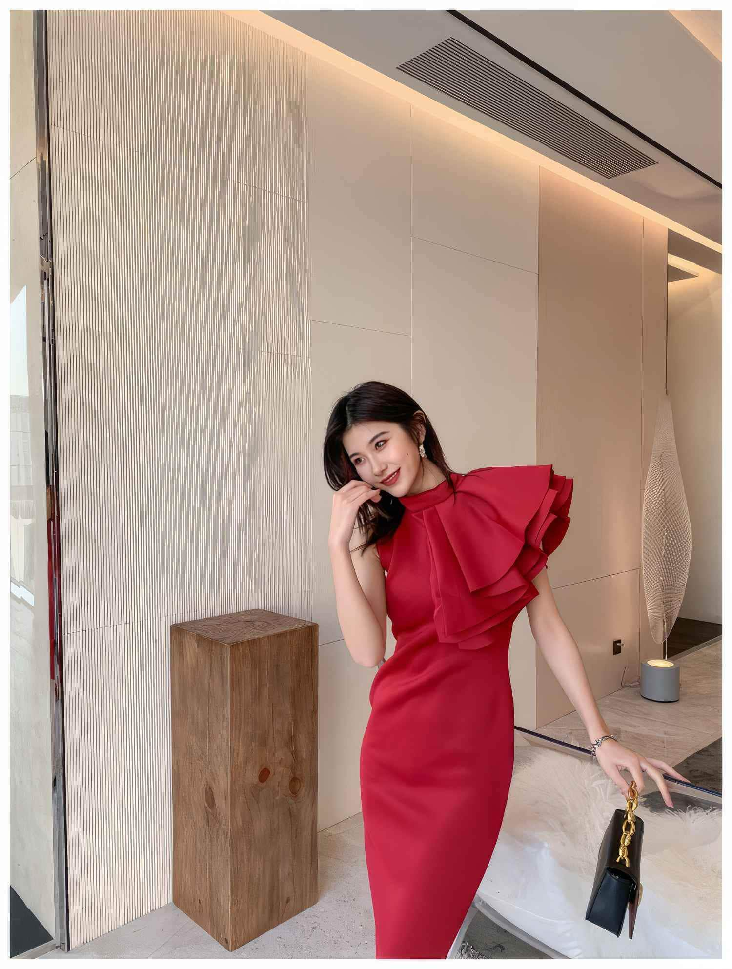 Ruffle Trimmed Shoulder Slit Hem Dress